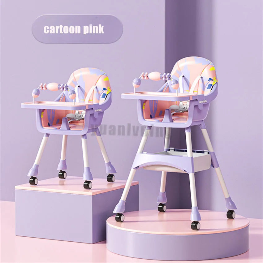 Cartoon pink baby high chair on a light purple background