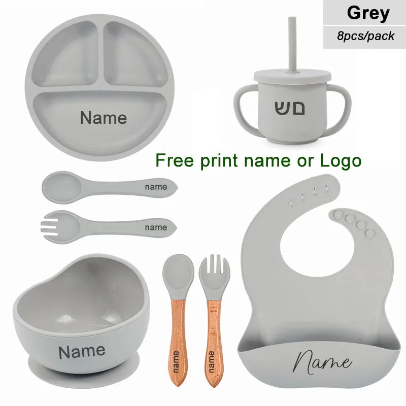 Gray baby吃饭 and drinking set with name printing option on a white background