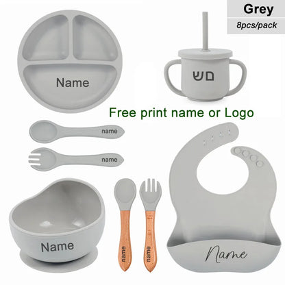 Gray baby吃饭 and drinking set with name printing option on a white background