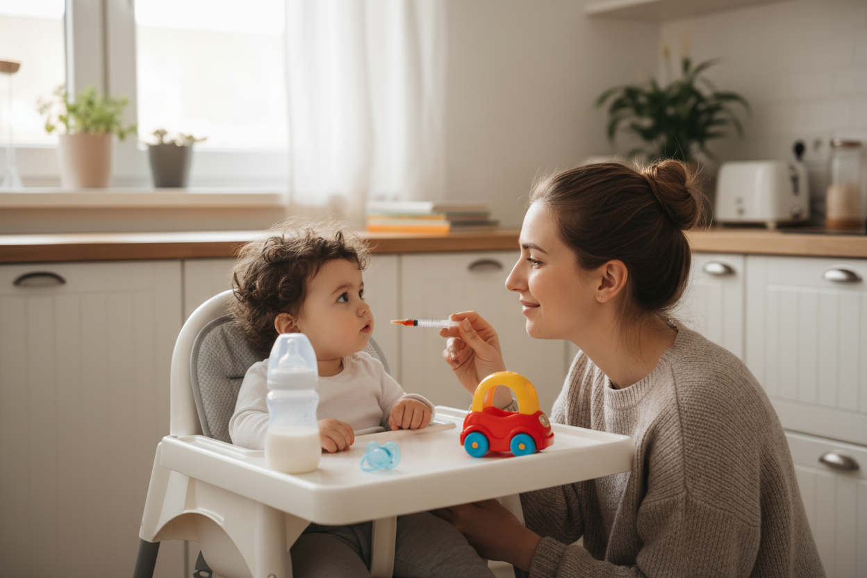 baby sitting on his dinning chair while mom is about to give him medecin. feeding bottle pacifier and baby push pacifier a part of the scene, baby has dark curly hair and 75% white