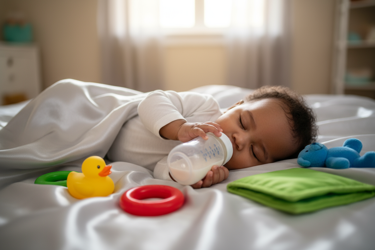 multirace baby wih a feeding in his mouth while lay down on a shiny blanket with some toy close by